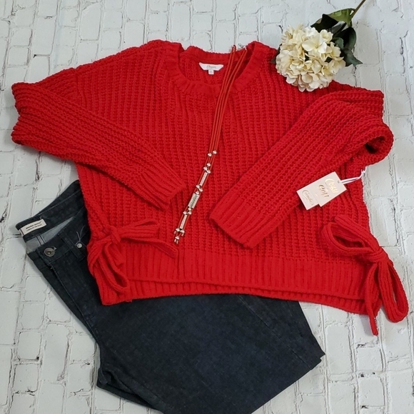 Candie's Sweaters - CANDIE'S RED FLUFFY CROPPED LONGSLEEVE SWEATER.